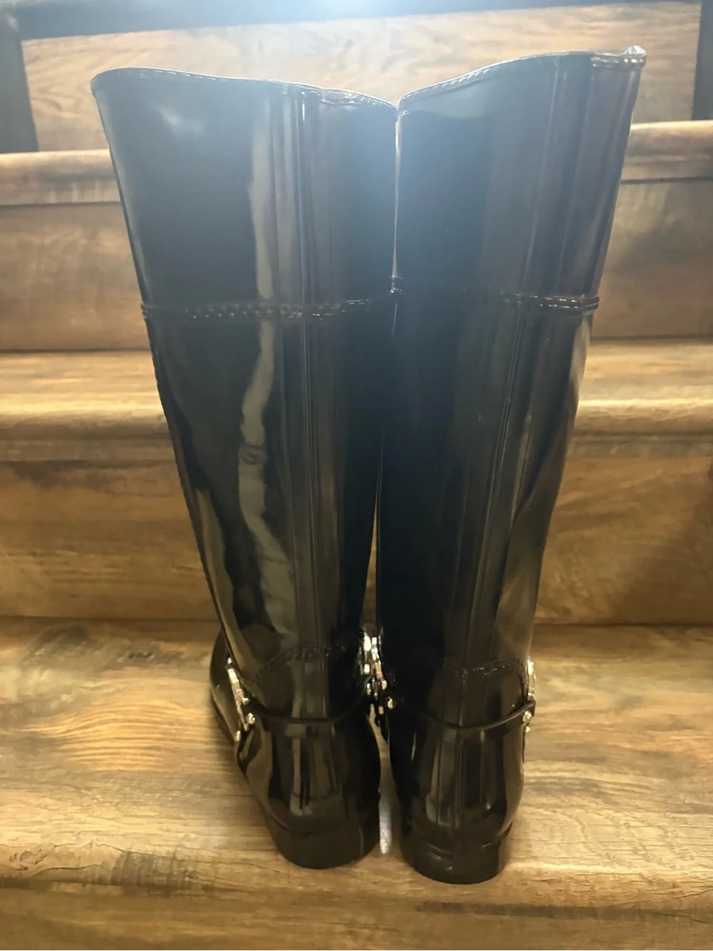 Michael Kors Black Patent Tall Riding Boots with MK Charm